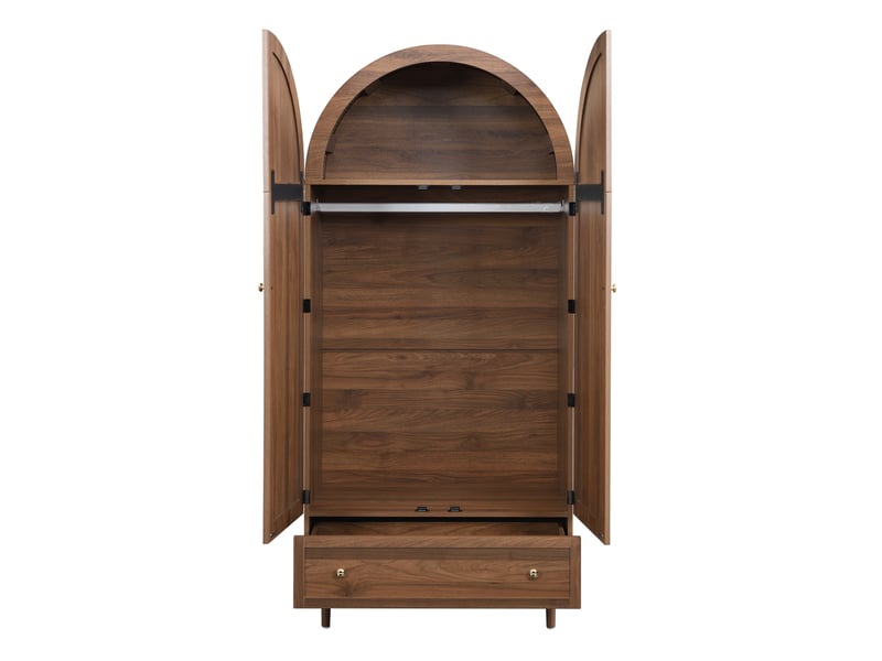 Armoire avec portes revêtues de tissu, tringle, étagères et tiroir pour chambre, en mdf aspect noyer, 79 × 50 × 175 cm - Conforama E