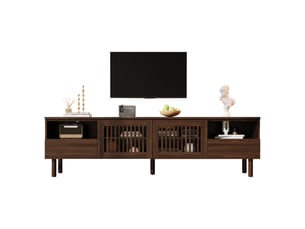 Meuble tv bas 180x40x51 cm avec 2 portes cannage et 2 tiroirs, pieds en bois, effet noyer pour tv jusqu'à 75 pouces