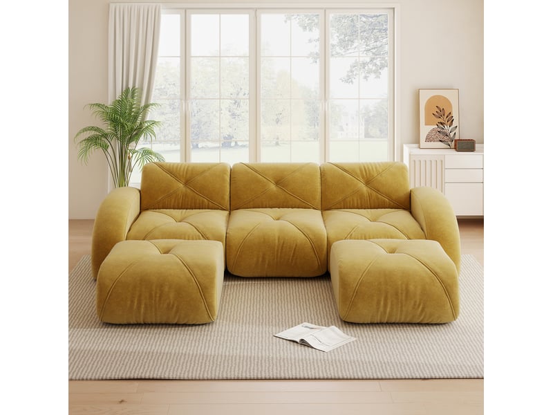  Canapé modulable 3 places en u avec 2 poufs en chenille jaune  - Conforama C