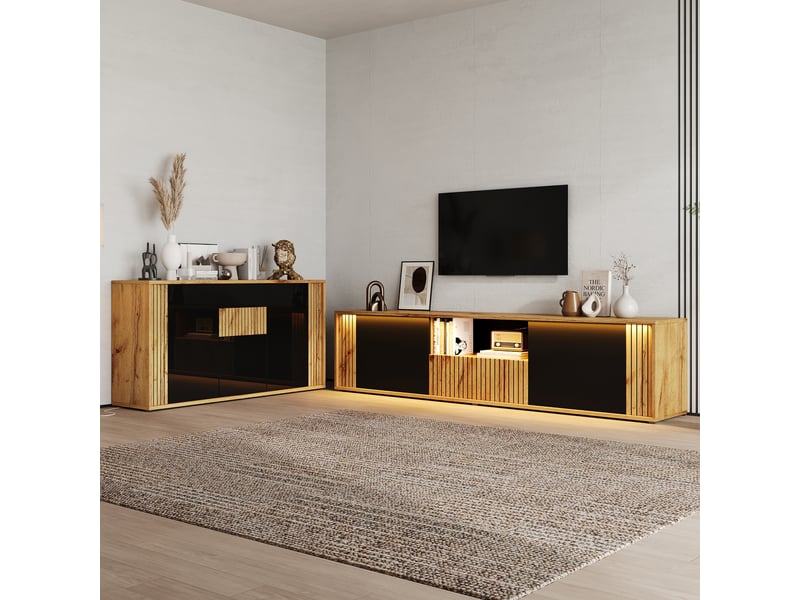  Ensemble 2 pièces bicolore noirnaturel, meuble tv 180×40×51 cm et buffet 140×35×71 cm, en mdf et aggloméré, avec led  - Conforama E