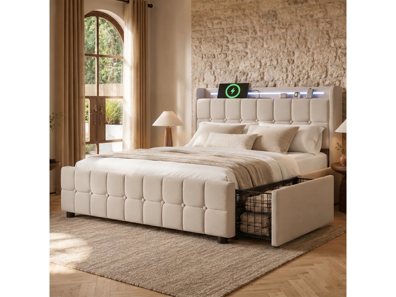  Lit rembourré 140x200 cm avec 4 tiroirs, lit adulte avec tête de lit led et prise intégrée, bois lin beige  - Conforama C