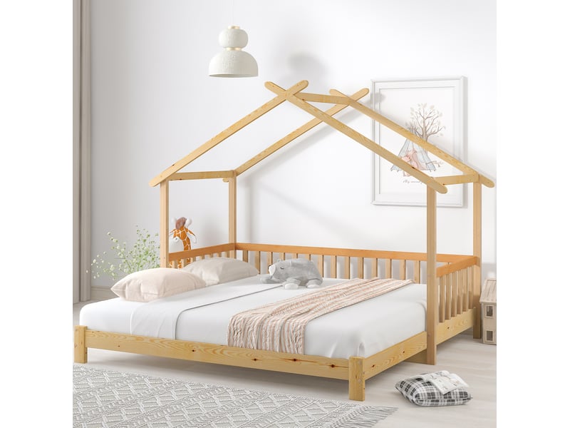  Lit cabane extensible enfant 200x90 cm et 200x180 cm barrière 3 côtés bois naturel sans matelas  - Conforama B
