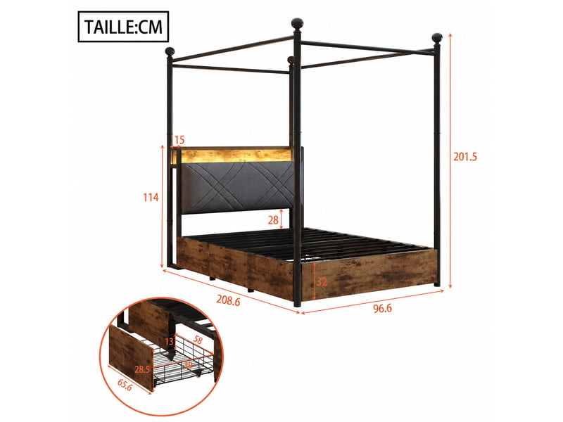 Lit simple 90x190 cm - lit avec rangement et led intégré, tiroirs et ports usbtype-c, métal noir, sans matelas - Conforama C