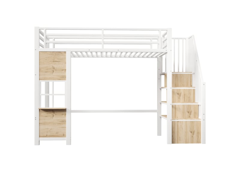 Lit mezzanine métal blanc 90×200 cm avec échelle rangement et garde-corps - Conforama A