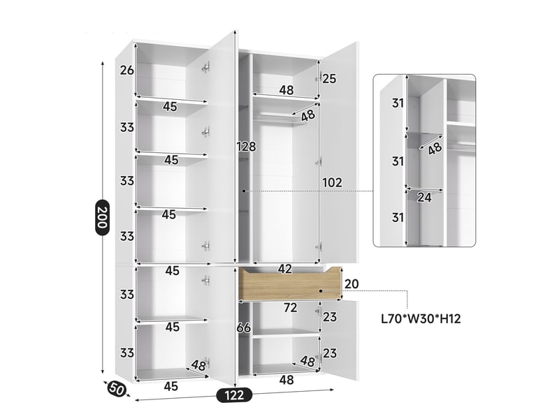  Armoire de chambre 122x50x200 cm, penderie dressing avec éclairage led et vitrine en verre, avec 1 tringle et 1 tiroir, en mdf, blanc  - Conforama E