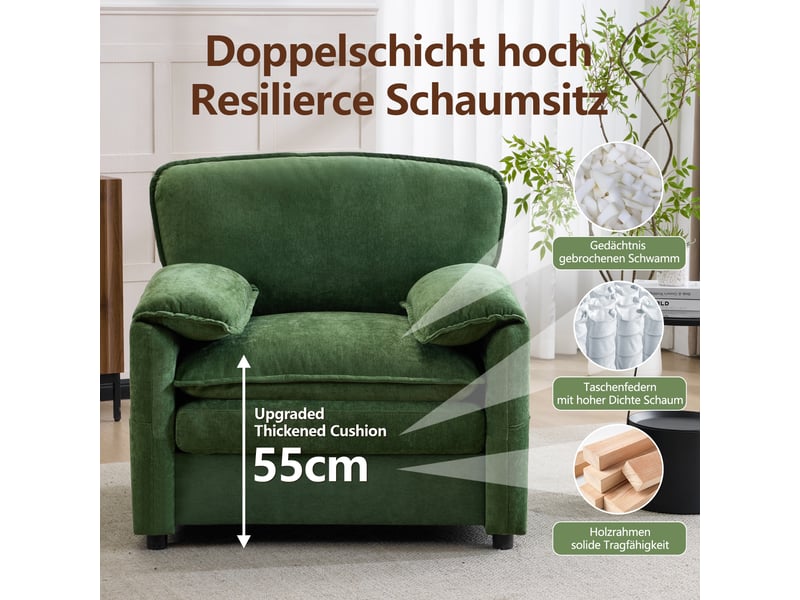  Fauteuil avec poches de rangement  - assise profonde, velours chenille vert foncé 96 × 92 × 90 cm  - Conforama E