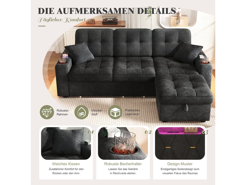  Canapé d'angle fixe en chenille noir 194,5 x 133 x 83 cm, led, usb-c, rangements et ottomane pour salon 194.5x133x83cm - Conforama E
