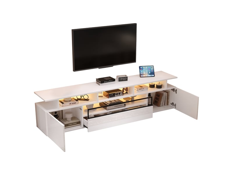  Meuble tv avec 2 portes, 1 tiroir et led pour salon 180×38×45 cm en panneaux de particules blanc  - Conforama A