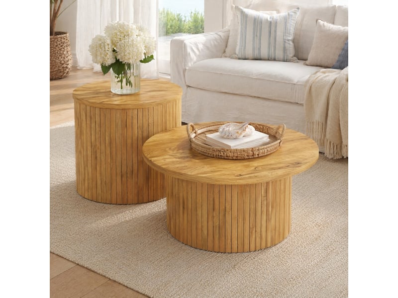  Lot de 2 tables basses rondes en mdf, finition bois naturel  - Conforama C
