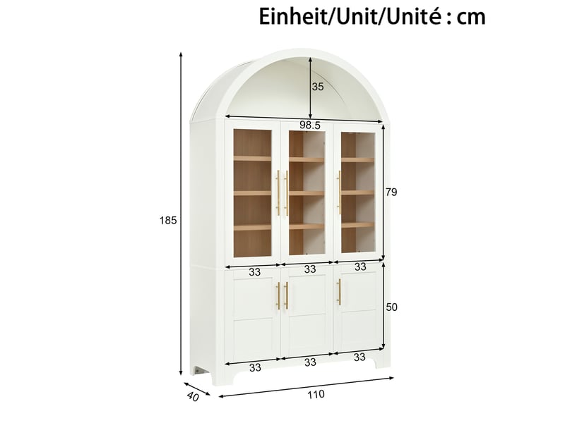 Meuble de rangement blanc, niche supérieure en arc, 3 portes vitrées, 3 portes pleines, étagères réglables, poignées en aluminium - Conforama C