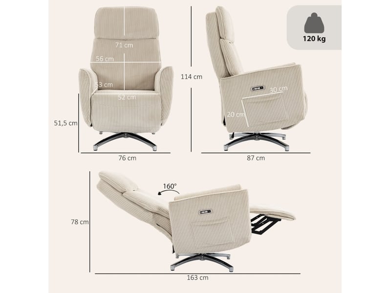 Fauteuil relax électrique à double moteur, pivotant avec usb, en polyester blanc crème, 87 × 76 × 114 cm - Conforama C