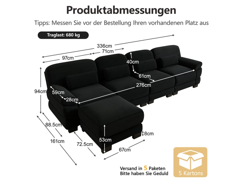  Canapé modulable 4 places modenvie en l avec pouf, assise profonde, velours côtelé noir, 336 x 161 x 94 cm  - Conforama C