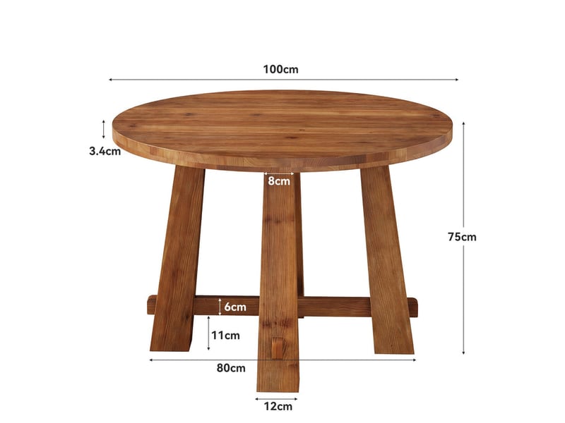 Table de salle à manger ronde en bois massif de 100 cm, table de cuisine rustique avec piètement en croix pour 2 à 4 personnes - Conforama C