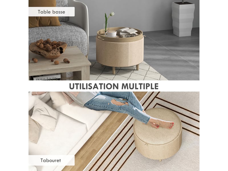  Pouf rond repose-pieds tabouret avec coffre de rangement, plateau réversible, meuble 3 en 1 pied en bois beige  - Conforama W