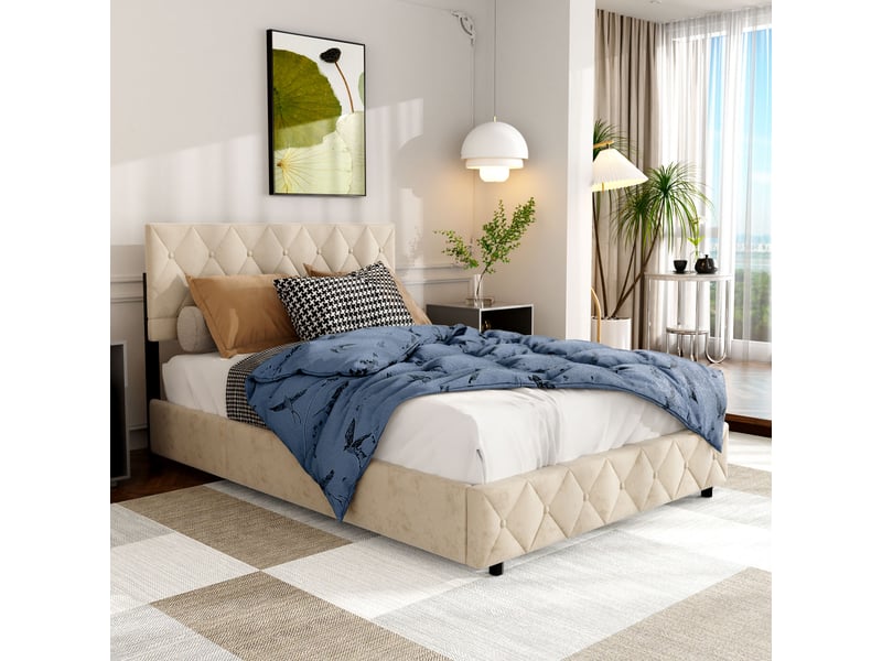 Lit double 140x200 cm avec tête de lit rembourrée beige homvra - Conforama D
