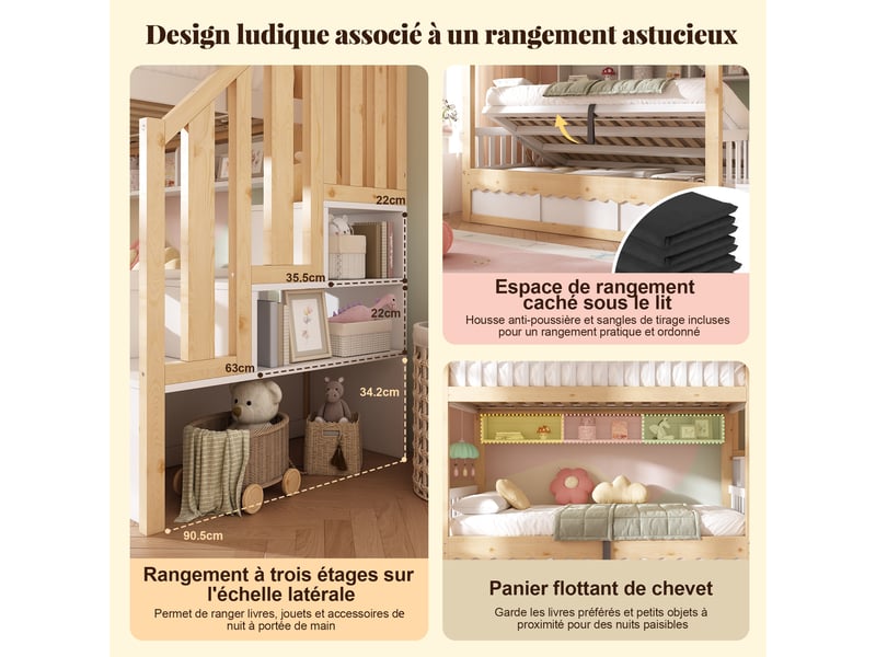  Lit superposé enfant en bois 90x200 cm avec rangement hydraulique, escalier avec rangements, étagères et garde-corps de sécurité - blanc et chêne  - Conforama E
