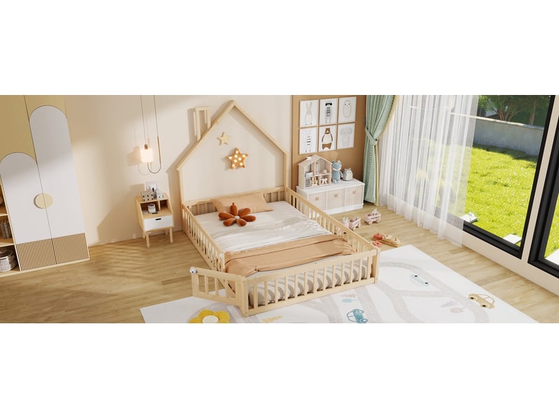  Lit enfant 140x190 cm bois de pin naturel style cabane avec cheminée sommier à lattes sans matelas Sol Morn - Conforama D