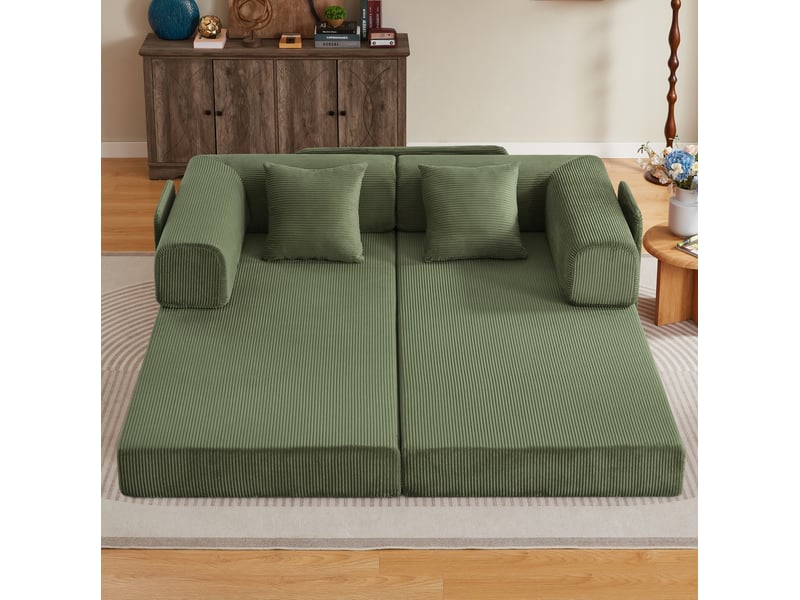  Canapé convertible 3 places modenvie canapé-lit en velours côtelé vert 204 x 97 x 65 cm avec 2 coussins et 2 matelas de 17 cm  - Conforama B