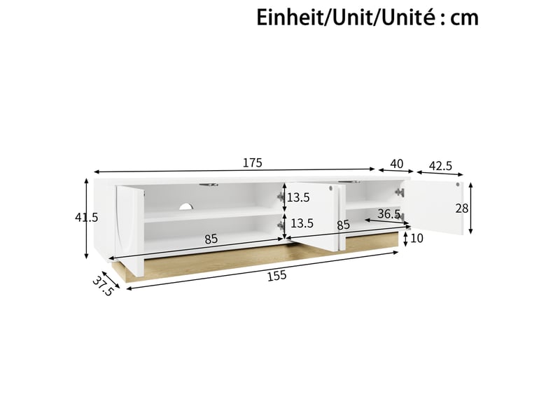  Meuble tv blanc 175 cm en mdf, 4 portes sans poignée, rangement et passe-câbles  - Conforama C