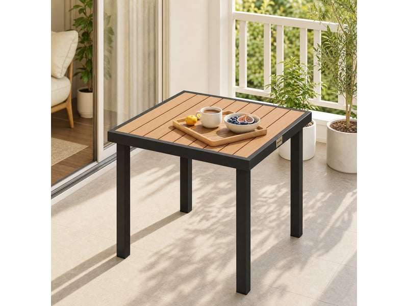  Table de jardin ulevr carrée pour 4 personnes, 78 x 78 x 74 cm, résistante aux intempéries, plateau en plastique effet bois, cadre en aluminium noir  - Conforama D