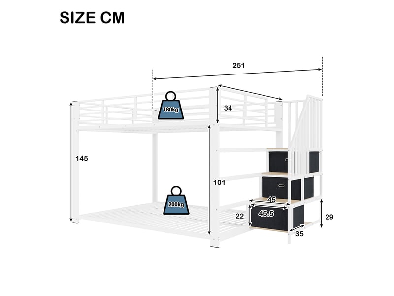  Lit superposé 2x140x200 cm - 4 places - escalier avec rangements - électrique prise - led intégrée &amp; usb - blanc  - Conforama C