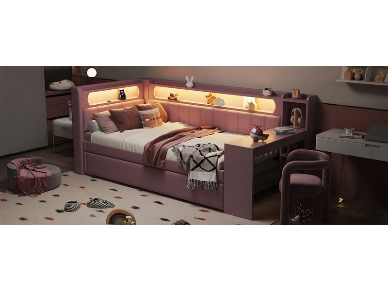  Lit gigogne 90 x 200 cm rembourré ports usb éclairage led bureau intégré rose  - Conforama B