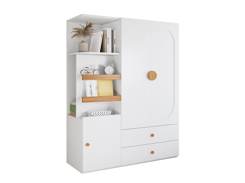  Armoire avec penderie, 2 tiroirs et étagères ouvertes pour chambre et entrée en mdf 125×50×180 cm blanc naturel  - Conforama A