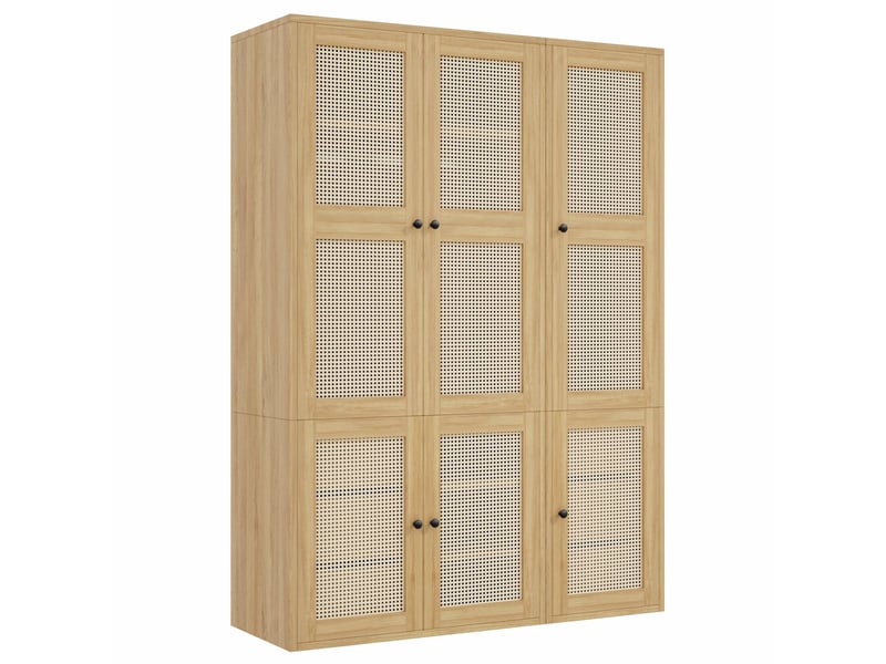 Armoire chambre 135x47x200 cm, penderie avec portes en rotin tressé et tiroirs, en mdf de style bohème chic, avec 6 tiroirs et 2 tringles, bois - Conforama D