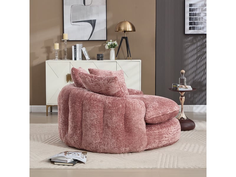  Fauteuil 1 place - 190x138x83cm - fauteuil rond oversized en polyester moderne et moelleux avec pouf et coussins - rose  - Conforama D