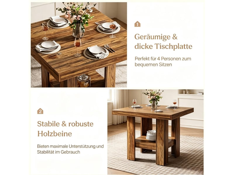  Table à manger carrée 80x80 cm – marron vintage – étagère basse de rangement, style industriel pour 2 personnes  - Conforama E