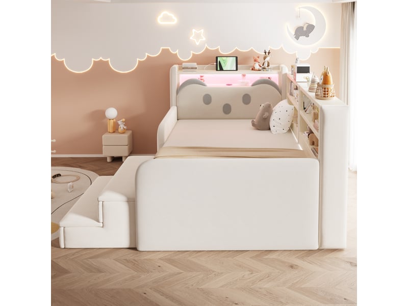  Lit enfant 90x200 cm tête de lit ours, led, usb, tiroir et pouf amovible en velours beige Fay Lum - Conforama E