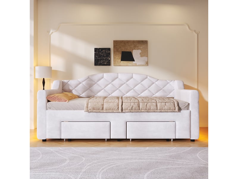 Canapé-lit extensible 90/180x200 cm, 2 tiroirs, led 7 couleurs, velours blanc, sans matelas - Conforama W