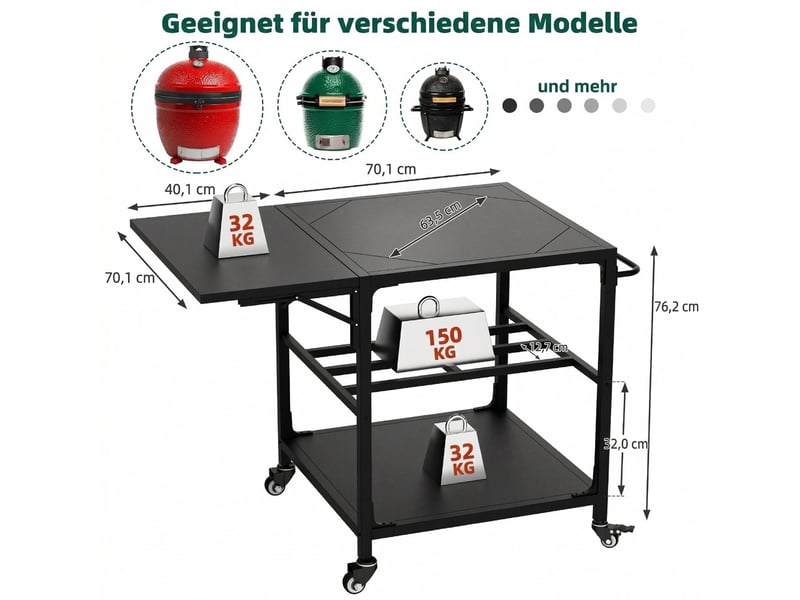 Table barbecue extérieur big green egg chariot métal robuste roulettes rangement crochets housse amovible grand barbecue compatible - Conforama C