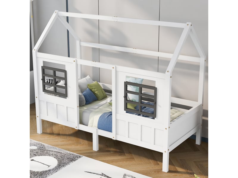  Lit maison enfant 200x90cm en pin et mdf, blanc, avec 2 fenêtres et garde-corps pour chambre  - Conforama E