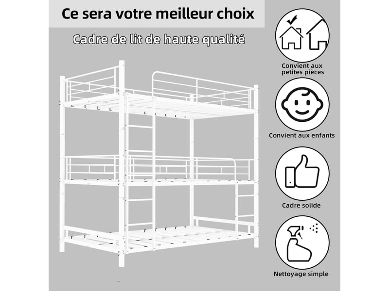  Lit superposé triple métal 90 × 190 cm, échelles, blanc IKSETERA TRADING LTD - Conforama R