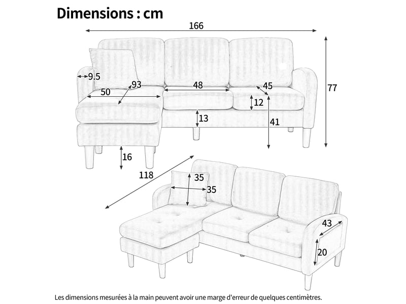  Canapé d'angle l modulable 166x118x77cm, canapé 3 places chaiselongue réversible, confort mousse, tissu côtelé, bleu  - Conforama C