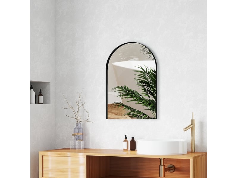  Miroir simple de salle de bain arqué, fixation murale, verre et cadre en aluminium noir, reflet net 50 × 70 cm  - Conforama C