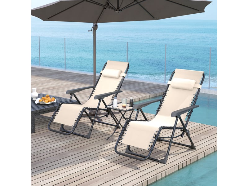  Ensemble de 2 chaises longues pliantes zéro gravité avec dossier réglable et table, beige  - Conforama B