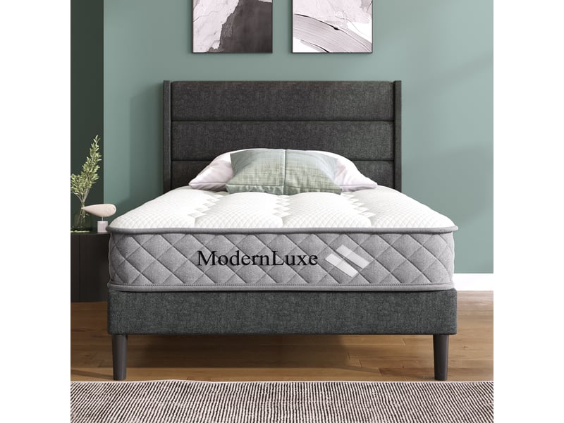  Lit rembourré, lit enfant 90x200 cm, sommier à lattes, lin gris foncé, matelas inclus  - Conforama E