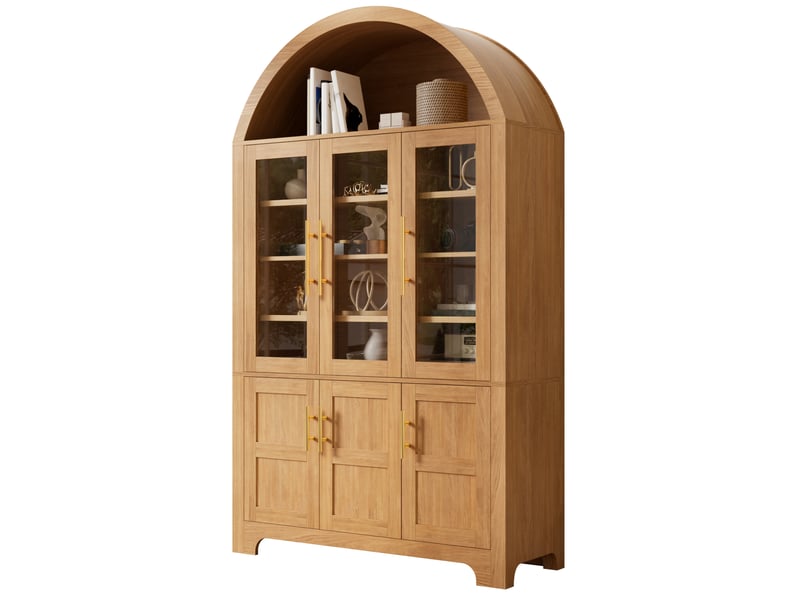  Buffet haut moderne 110x40x185 cm avec niche ouverte en arc, 3 portes vitrées, tablettes réglables, mdf, naturel  - Conforama A