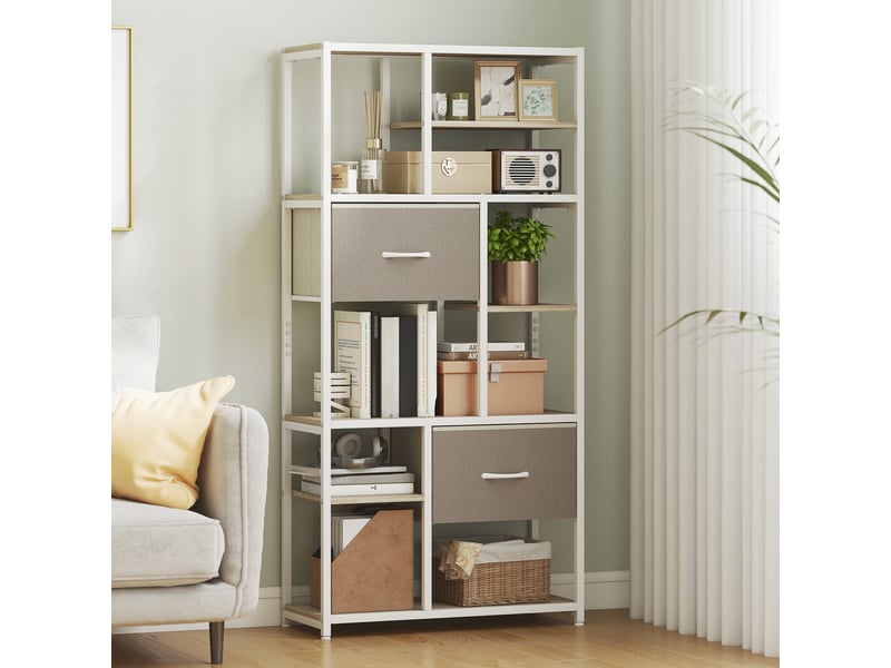  Étagère de rangement 6 niveaux, bibliothèque avec 2 tiroirs en tissu, 9 étagères ouvertes, 72,5 x 30 x 150 cm, blanc  - Conforama C