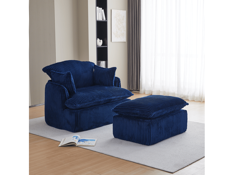  Fauteuil compressé avec repose-pieds ulevr en velours côtelé bleu, 115 x 89 x 77 cm, mousse haute densité  - Conforama D