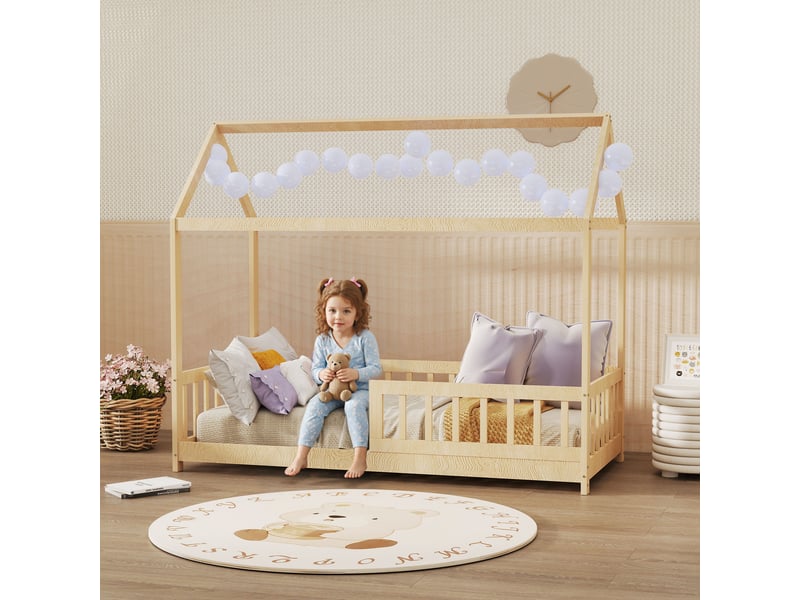 Lit cabane enfant en bois avec barrières de sécurité, pin naturel, 90x190 cm - Conforama C