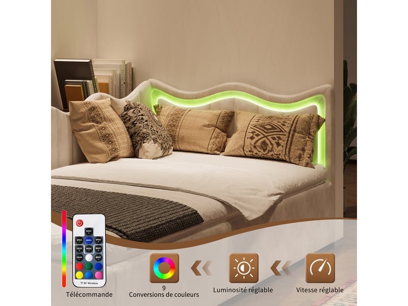 Canapé lit ado 90x200 avec rangement sous lit, lit banquette avec led lit simple avec cadre de lit à lattes et tête de lit rembourrée beige velours, sans matelas - Conforama D