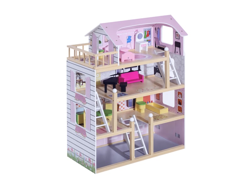  Maison de poupée en bois jeu d'imitation 4 étages pour 3+ ans avec 13 accessoires grand réalisme multi-équipement blanc et rose 60l x 30l x 80h cm  - Conforama B