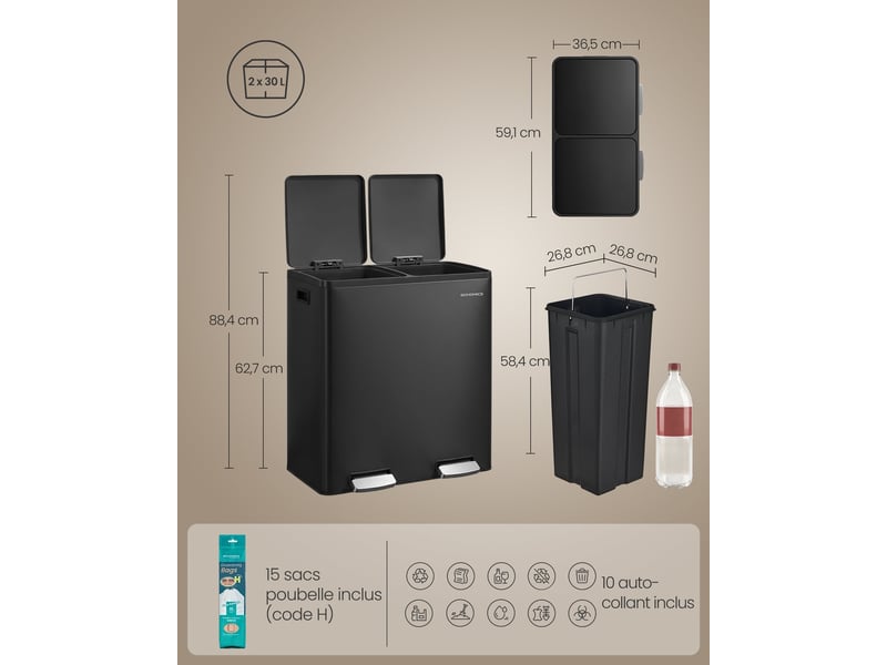  Poubelle de cuisine à pédale 59,1 x 36,5 x 62,7 cm système de tri sélectif noir en acier 12_0012378  - Conforama B