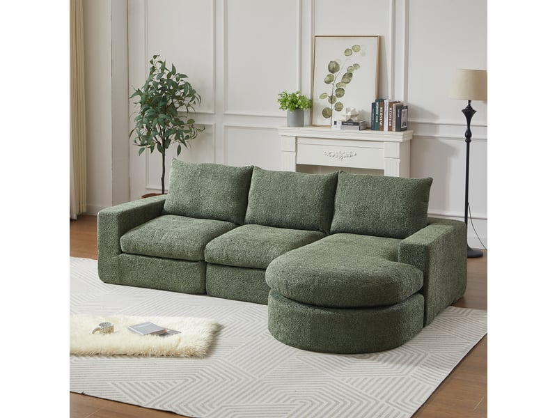 Fauteuil modulable vert en chenille avec rangement intégré et méridienne réversible pour salon contemporain - Conforama B