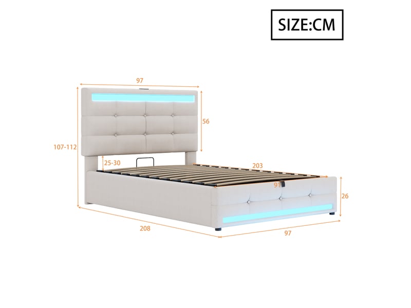  Lit coffre 90x200cm design moderne rembourré led rgb bande lumineuse tête réglable ports usb tissu beige sans matelas  - Conforama C