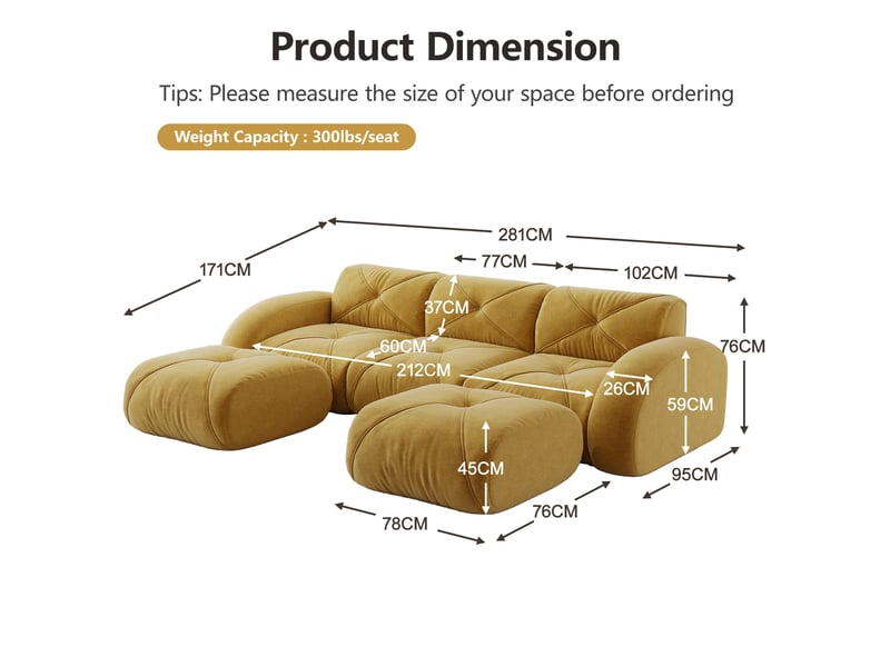  Canapé d'angle modulable en u sans cadre – 3 places + 2 tabourets – tissu jaune antidérapant – sans montage  - Conforama C