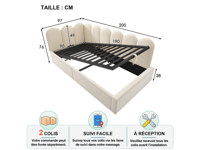  Lit banquette simple 90×190 cm avec coffre hydraulique, sans matelas - okmyhome- en velours beige  - Conforama D
